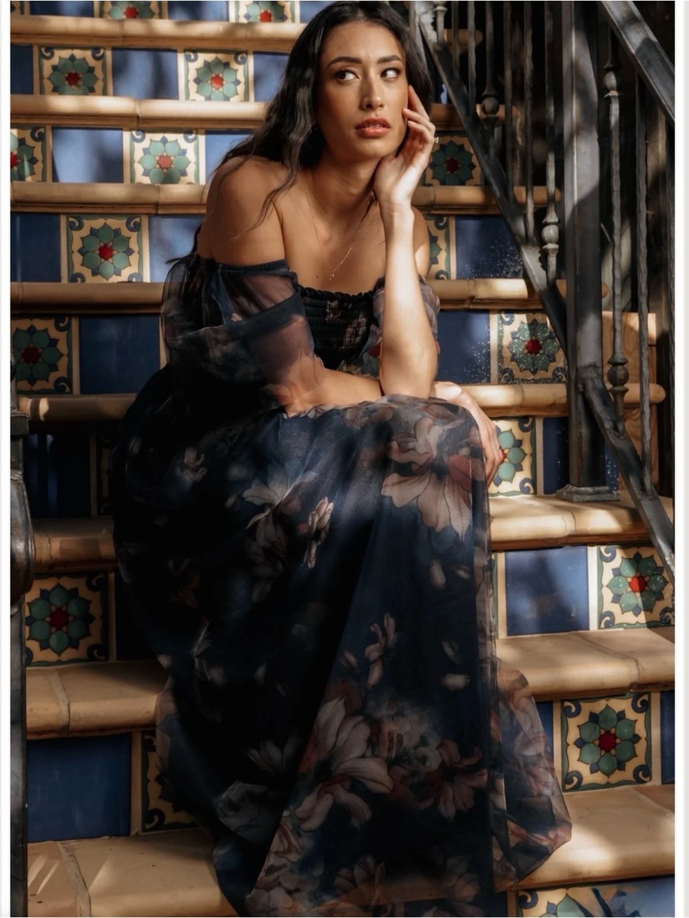 NWT Baltic Born Cassandra Tulle Maxi Dress Dark Blue Floral Size L